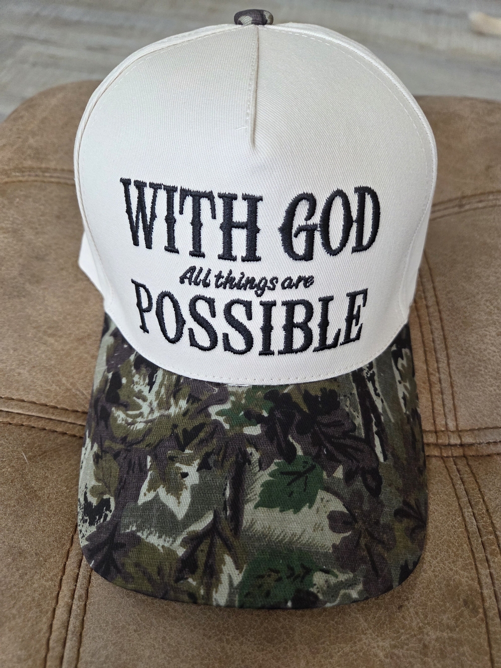 With God... Embroidered Trucker Hat - Off-White & Camouflage
